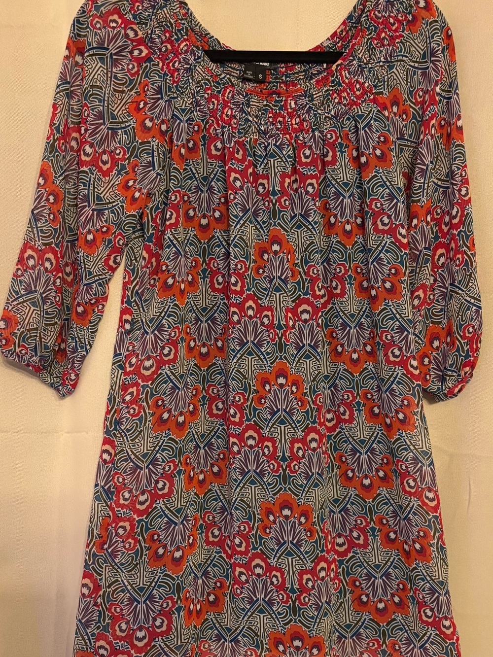 vintage Boho Lined Multicolor Geometric Floral-Print flowy Shift Midi Dress
